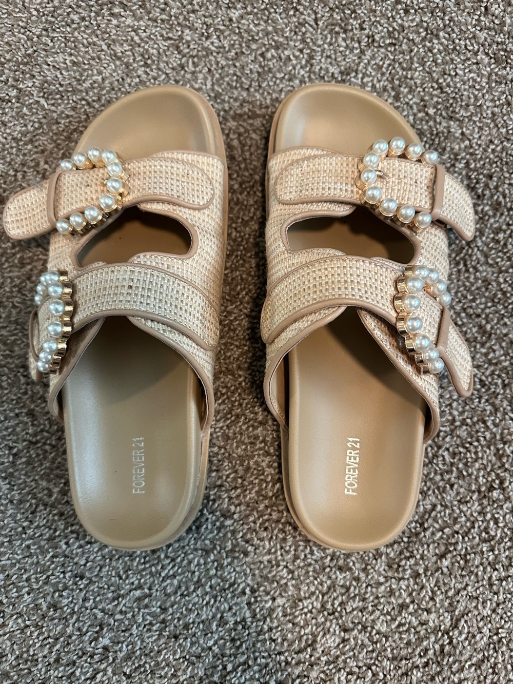 Forever 21 Pearl-Embellished Buckle Woven Slide Sandals Nude 6.5
